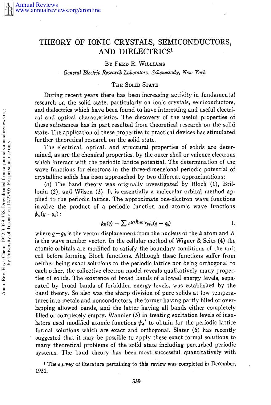 Theory of Ionic Crystals, Semiconductors, and Dielectrics by F E Williams