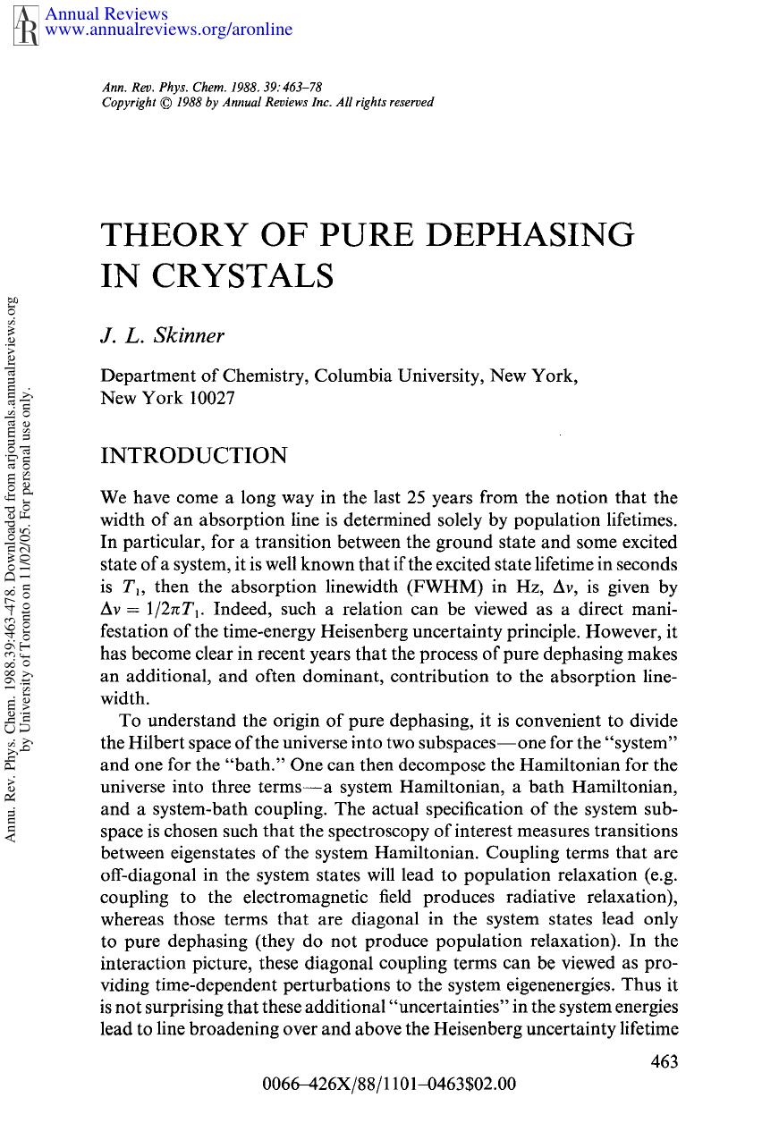 Theory of Pure Dephasing in Crystals by J L Skinner