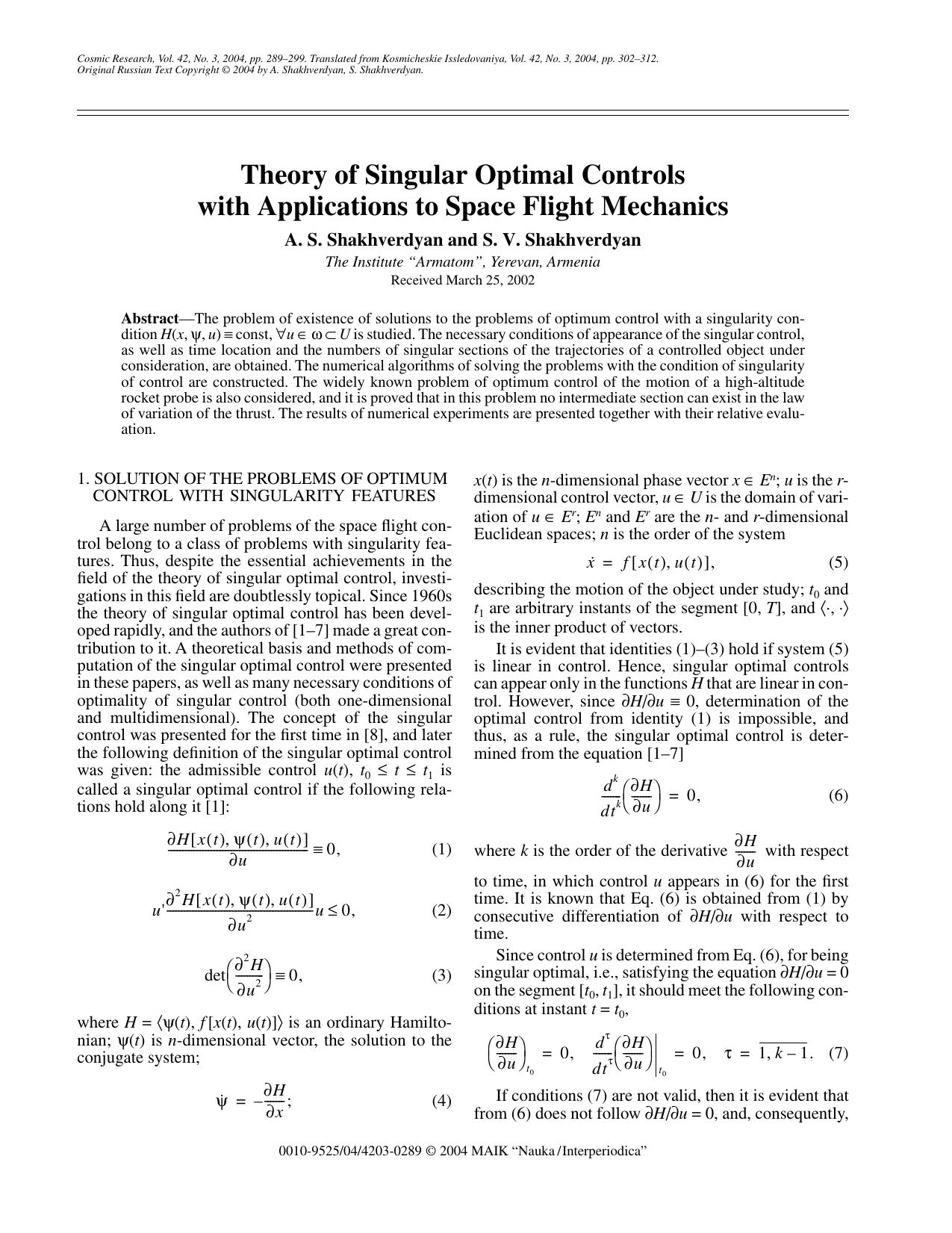 Theory of Singular Optimal Controls with Applications to Space Flight Mechanics by Unknown