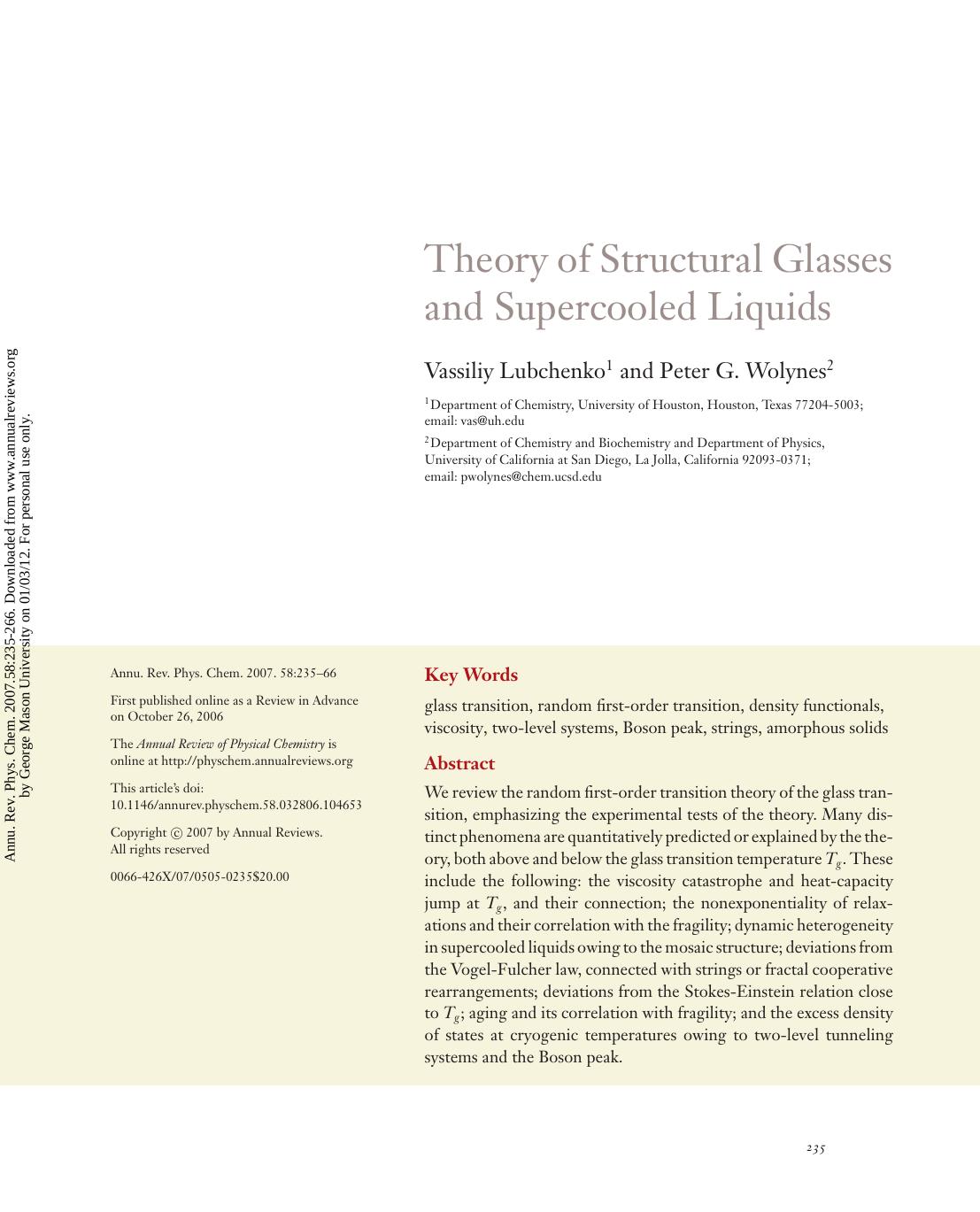 Theory of Structural Glasses and Supercooled Liquids by Vassiliy Lubchenko1 & Peter G. Wolynes2