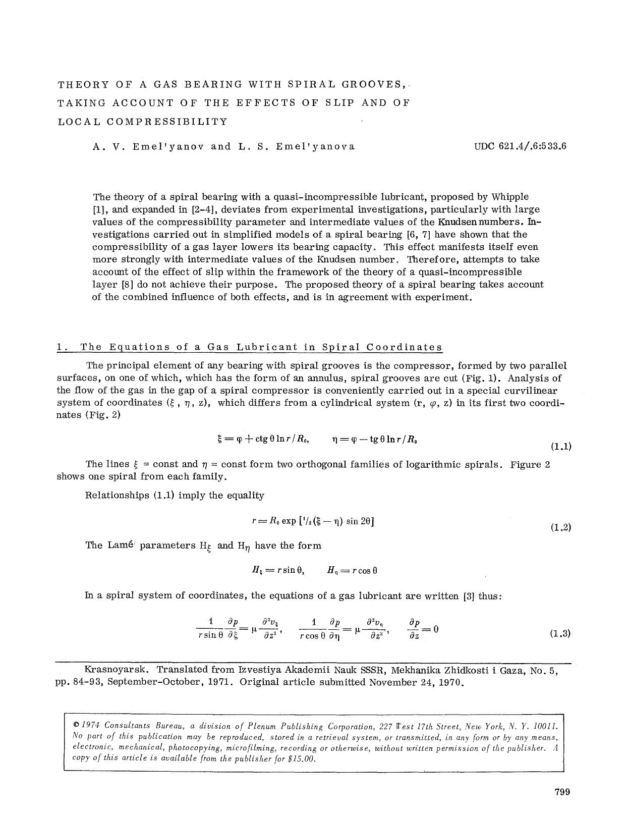 Theory of a gas bearing with spiral grooves, taking account of the effects of slip and of local compressibility by Unknown
