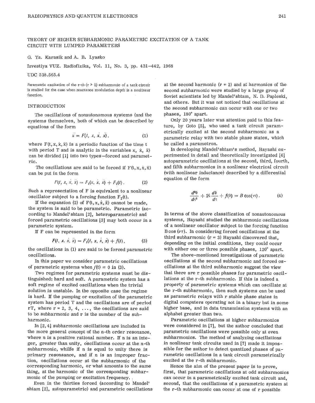 Theory of higher subharmonic parametric excitation of a tank circuit with lumped parameters by Unknown