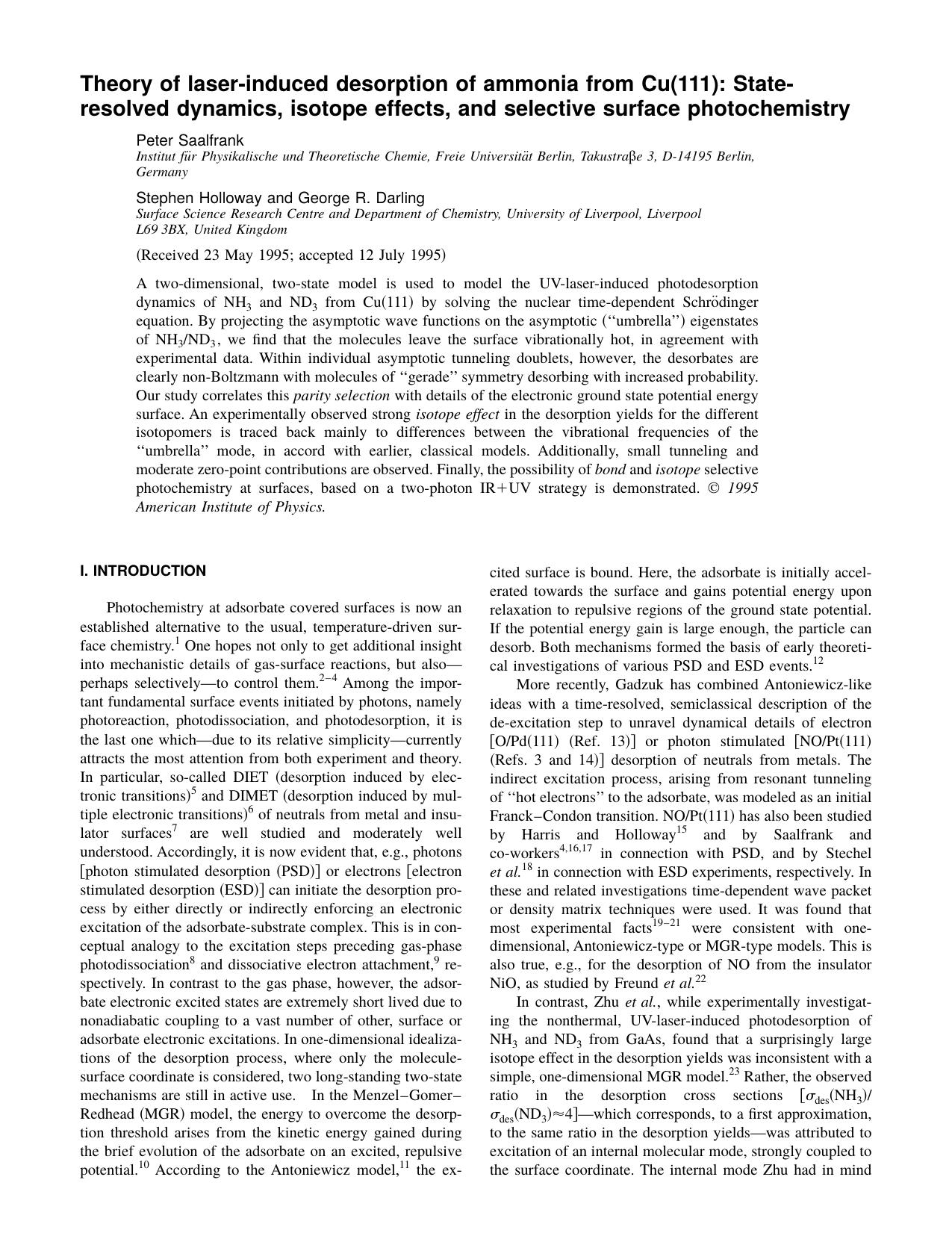 Theory of laser-induced desorption of ammonia from Cu[111]: State-resolved dynamics, isotope effects, and selective surface photochemistry by Peter Saalfrank & Stephen Holloway and George R. Darling
