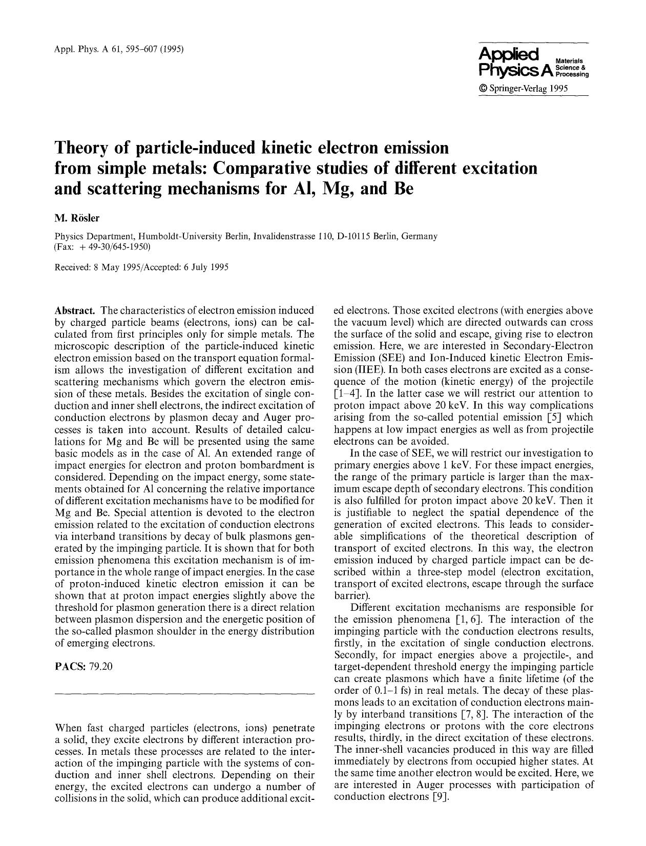 Theory of particle-induced kinetic electron emission from simple metals: Comparative studies of different excitation and scattering mechanisms for Al, Mg, and Be by Unknown