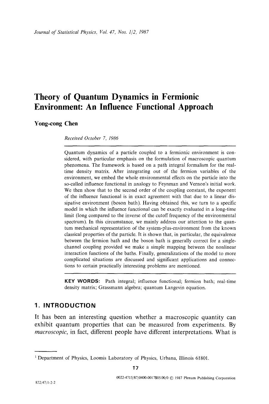 Theory of quantum dynamics in fermionic environment: An influence functional approach by Unknown