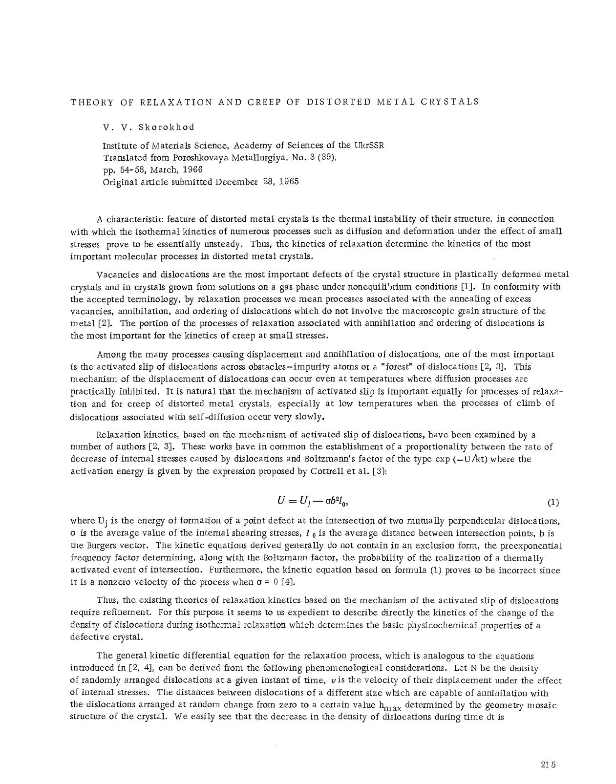 Theory of relaxation and creep of distorted metal crystals by Unknown