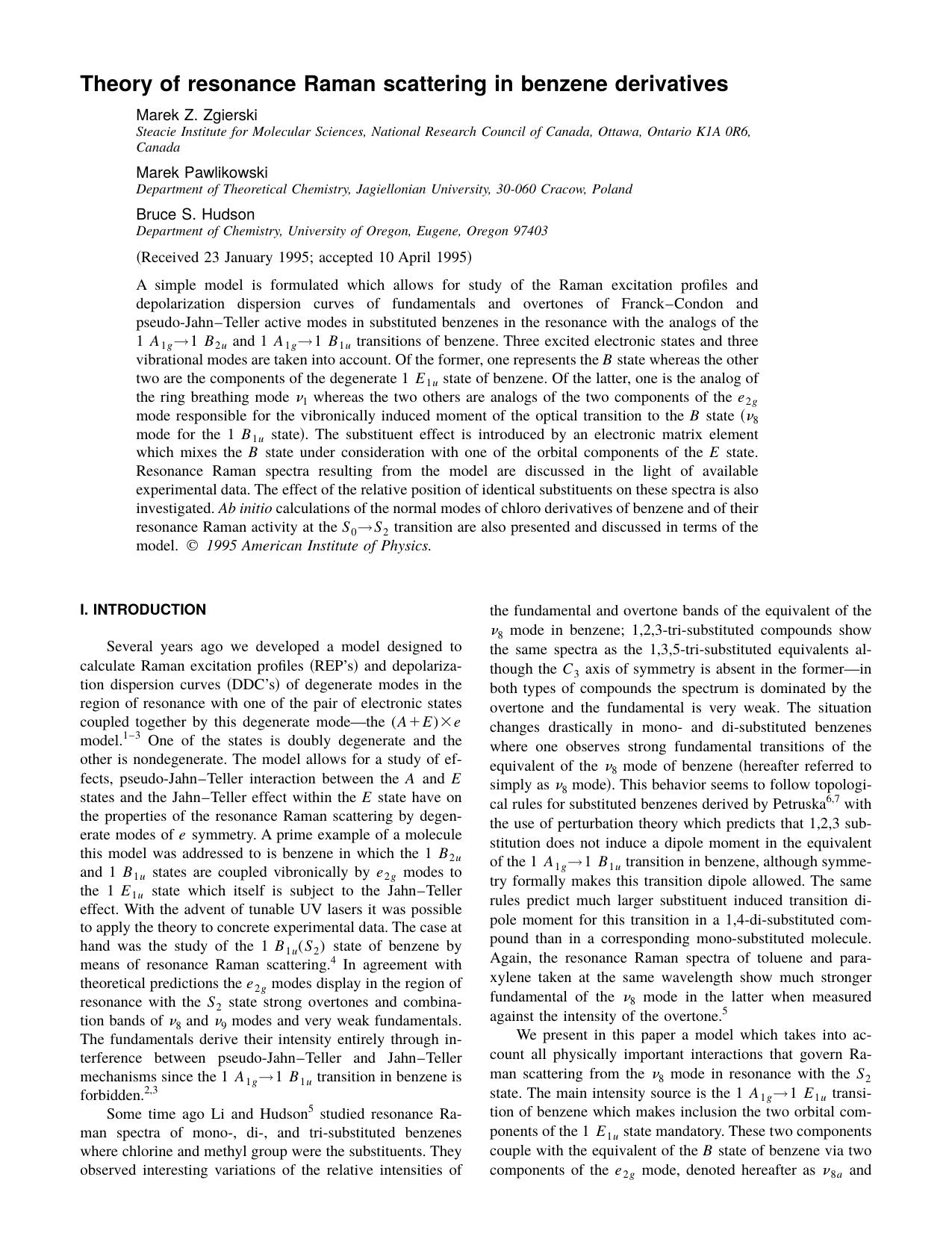 Theory of resonance Raman scattering in benzene derivatives by Marek Z. Zgierski Marek Pawlikowski Bruce S. Hudson