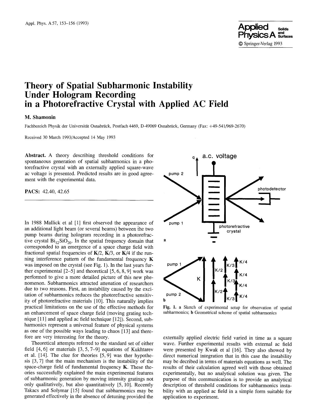 Theory of spatial subharmonic instability under hologram recording in a photorefractive crystal with applied AC field by Unknown