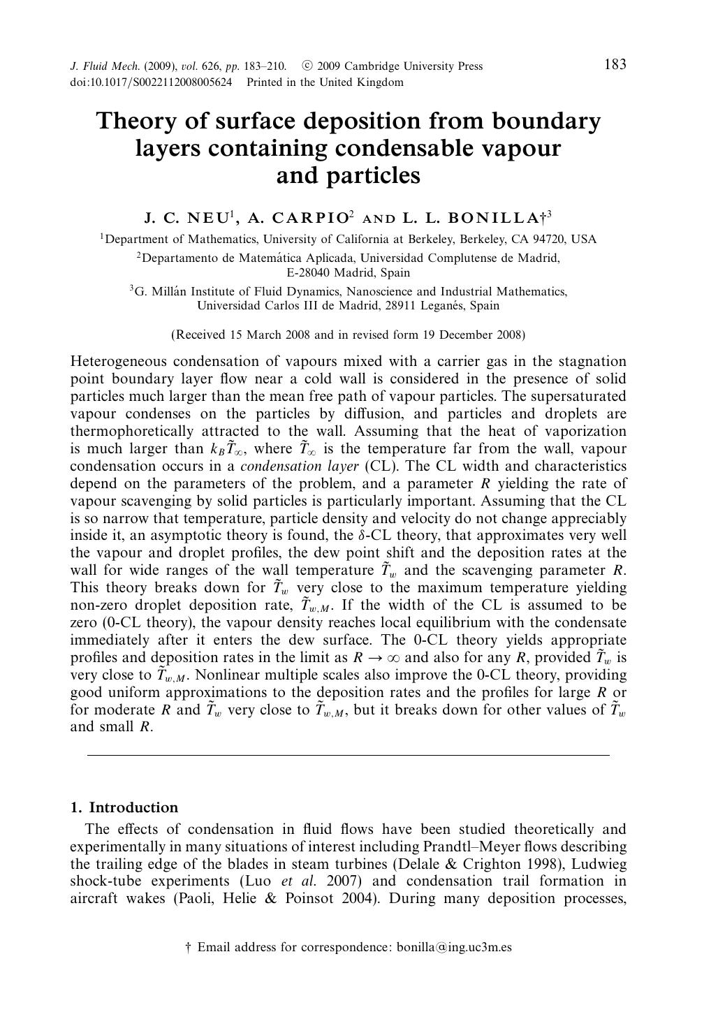 Theory of surface deposition from boundary layers containing condensable vapour and particles by J. C. NEU A. CARPIO L. L. BONILLA