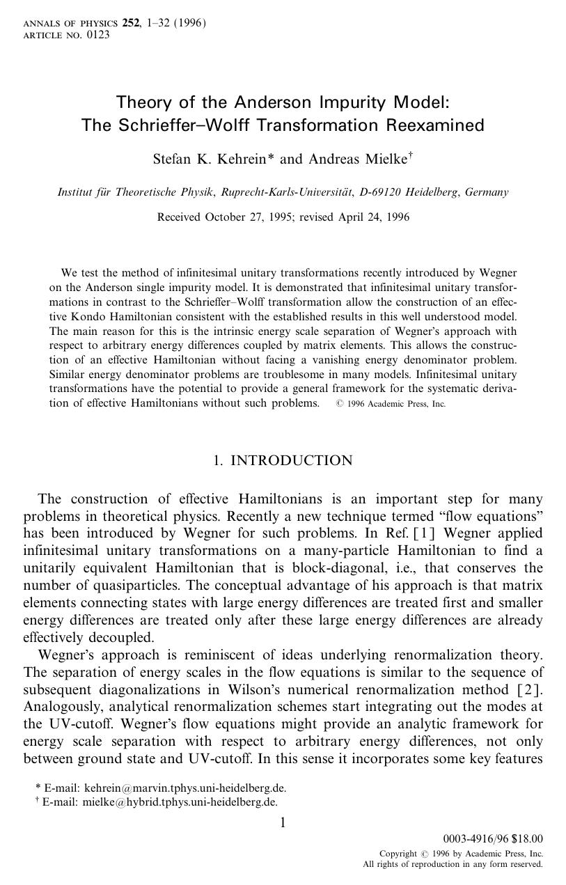 Theory of the Anderson Impurity Model: The SchriefferâWolff Transformation Reexamined by Kehrein S. K. et al