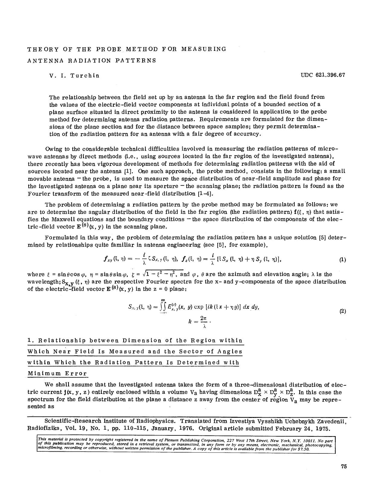 Theory of the probe method for measuring antenna radiation patterns by Unknown