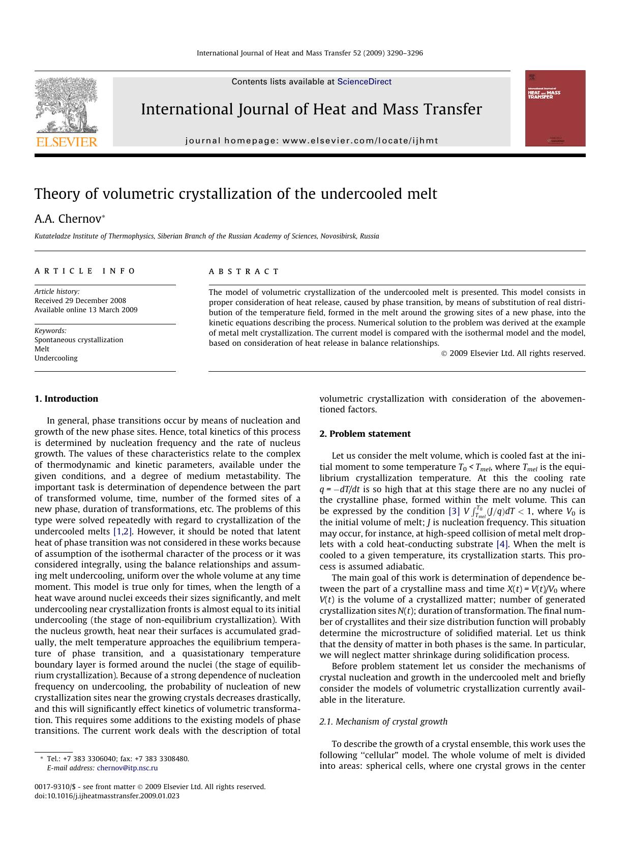 Theory of volumetric crystallization of the undercooled melt by A.A. Chernov