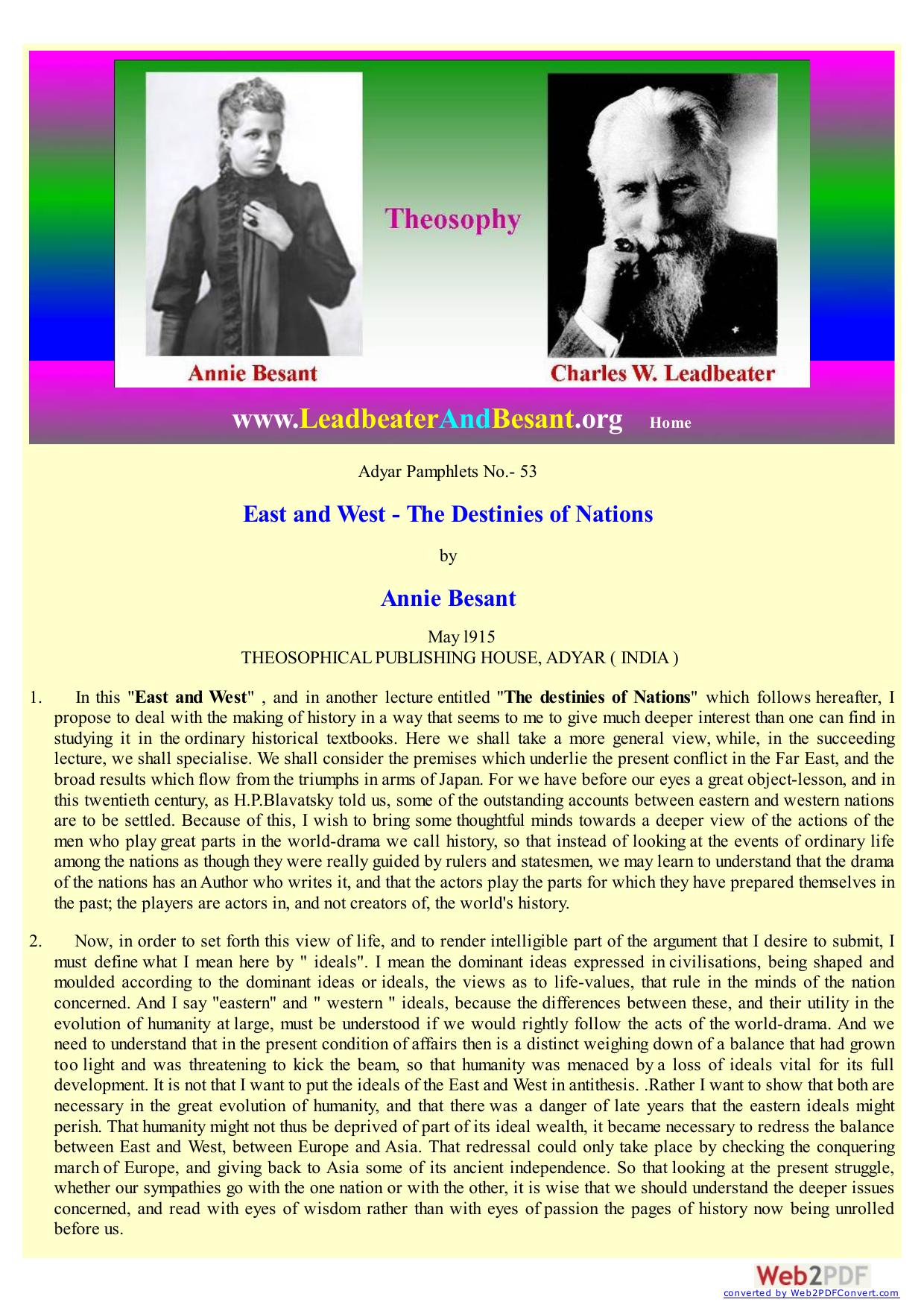 Theosophy : East and West - The destinies of Nations - by Annie Besant : AnandGholap.net by East & West The Destinies Of Nations