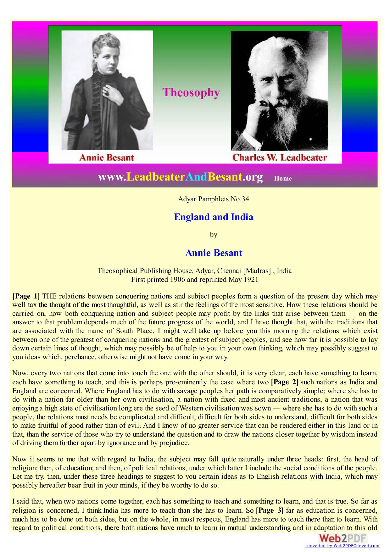 Theosophy : England and India by Annie Besant : AnandGholap.net by England & India