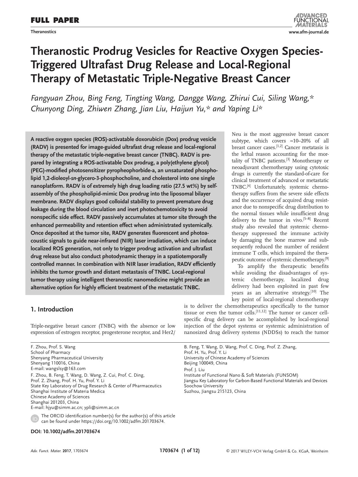 Theranostic Prodrug Vesicles for Reactive Oxygen Species‐Triggered Ultrafast Drug Release and Local‐Regional Therapy of Metastatic Triple‐Negative Breast Cancer by Unknown