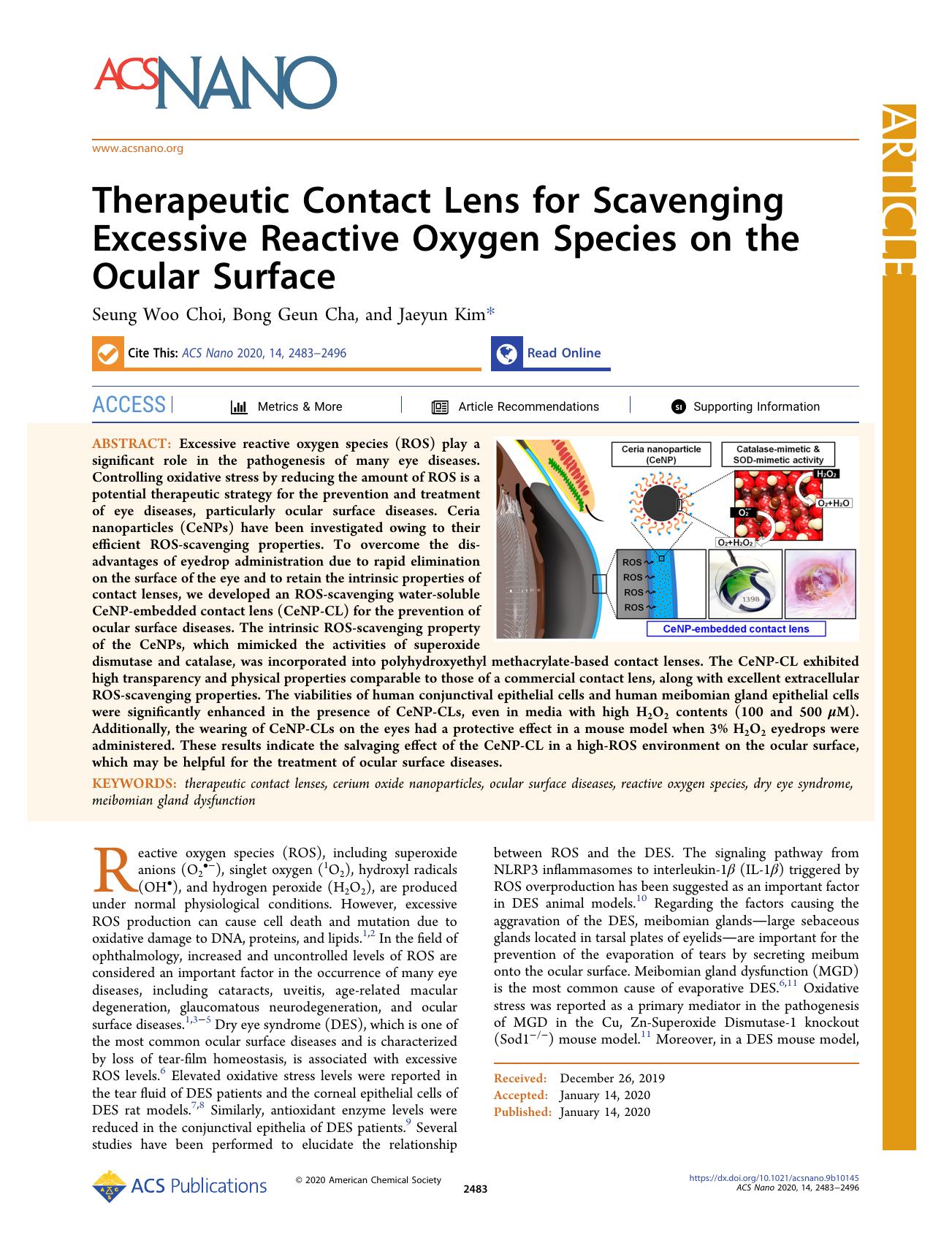 Therapeutic Contact Lens for Scavenging Excessive Reactive Oxygen Species on the Ocular Surface by Seung Woo Choi Bong Geun Cha and Jaeyun Kim