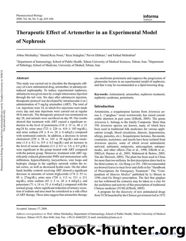 Therapeutic Effect of Artemether in an Experimental Model of Nephrosis by Abbas Mirshafiey Hamid Nouri Reza Sedaghat Parvin Ekhtiari & Farhad Mehrabian