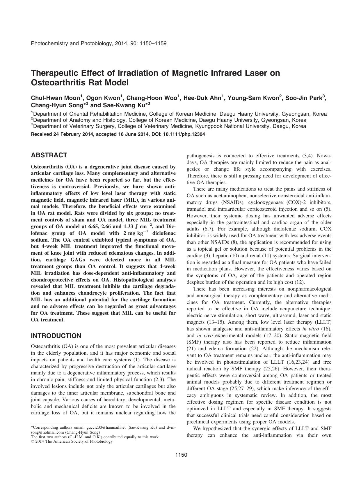 Therapeutic Effect of Irradiation of Magnetic Infrared Laser on Osteoarthritis Rat Model by Unknown