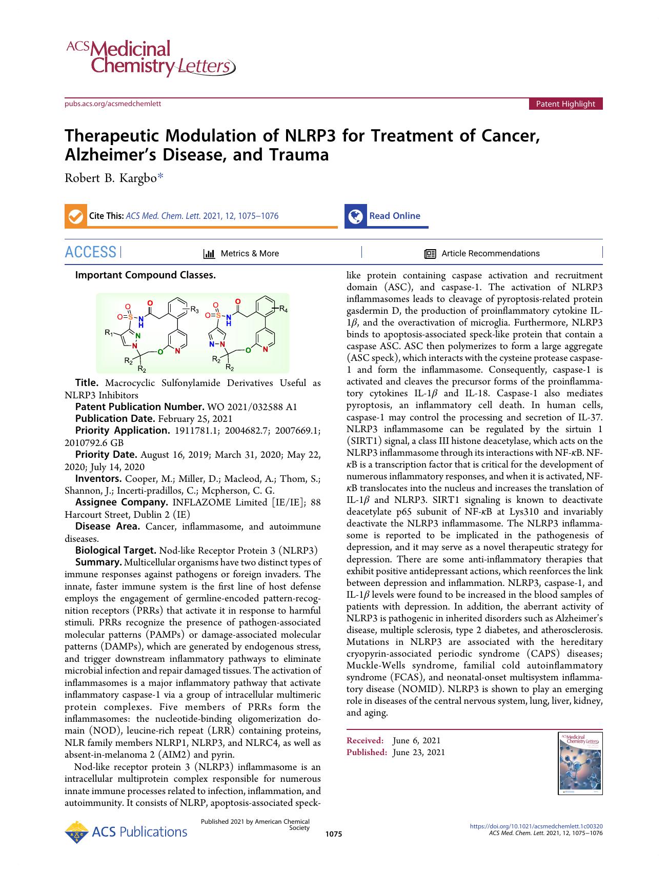Therapeutic Modulation of NLRP3 for Treatment of Cancer, Alzheimerâs Disease, and Trauma by Robert B. Kargbo