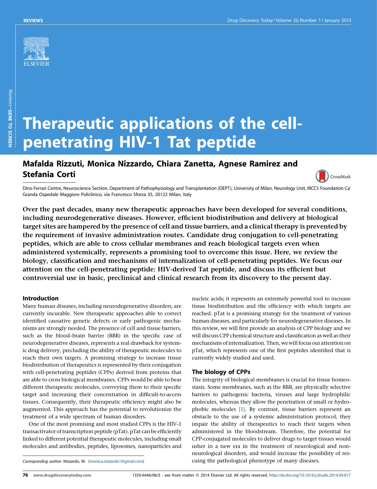 Therapeutic applications of the cell-penetrating HIV-1 Tat peptide by Mafalda Rizzuti & Monica Nizzardo & Chiara Zanetta & Agnese Ramirez & Stefania Corti