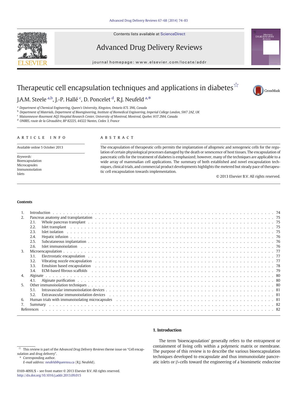 Therapeutic cell encapsulation techniques and applications in diabetes by J.A.M. Steele & J.-P. Hallé & D. Poncelet & R.J. Neufeld