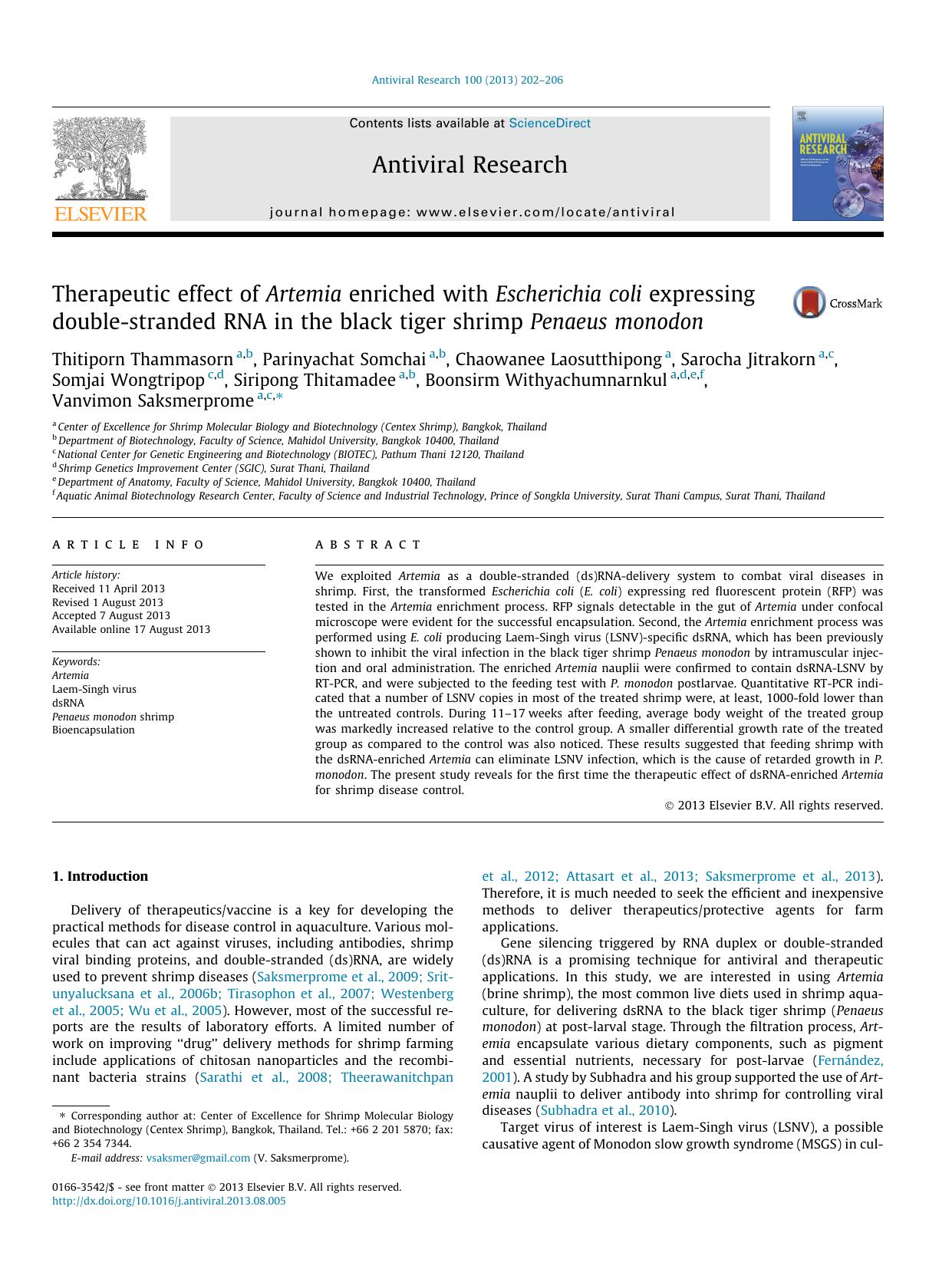 Therapeutic effect of Artemia enriched with Escherichia coli expressing double-stranded RNA in the black tiger shrimp Penaeus monodon by unknow