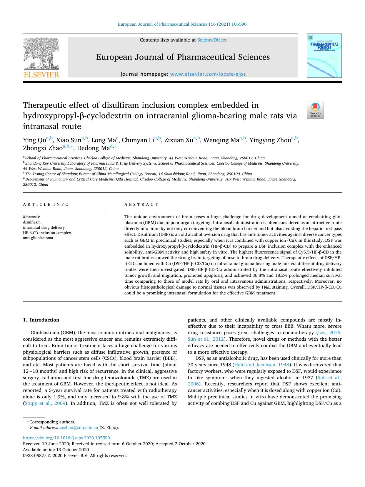 Therapeutic effect of disulfiram inclusion complex embedded in hydroxypropyl-Î²-cyclodextrin on intracranial glioma-bearing male rats via intranasal route by unknow