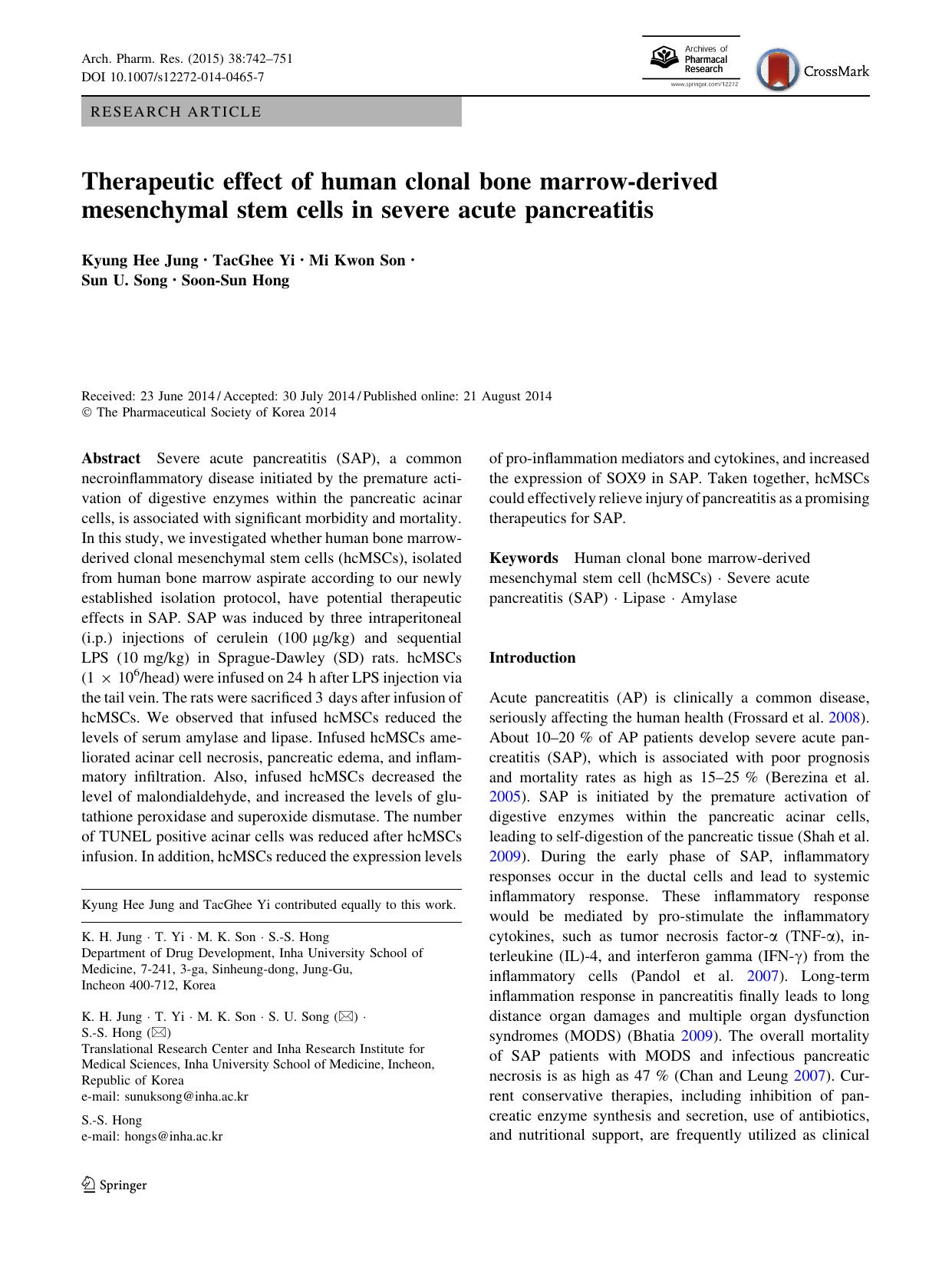 Therapeutic effect of human clonal bone marrow-derived mesenchymal stem cells in severe acute pancreatitis by Kyung Hee Jung & TacGhee Yi & Mi Kwon Son & Sun U. Song & Soon-Sun Hong