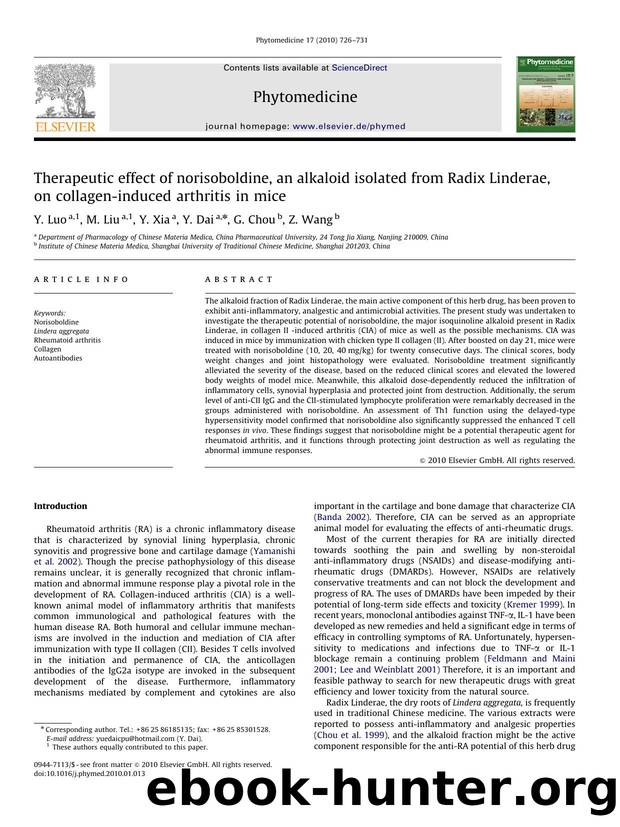 Therapeutic effect of norisoboldine, an alkaloid isolated from Radix Linderae, on collagen-induced arthritis in mice by Y. Luo; M. Liu; Y. Xia; Y. Dai; G. Chou; Z. Wang