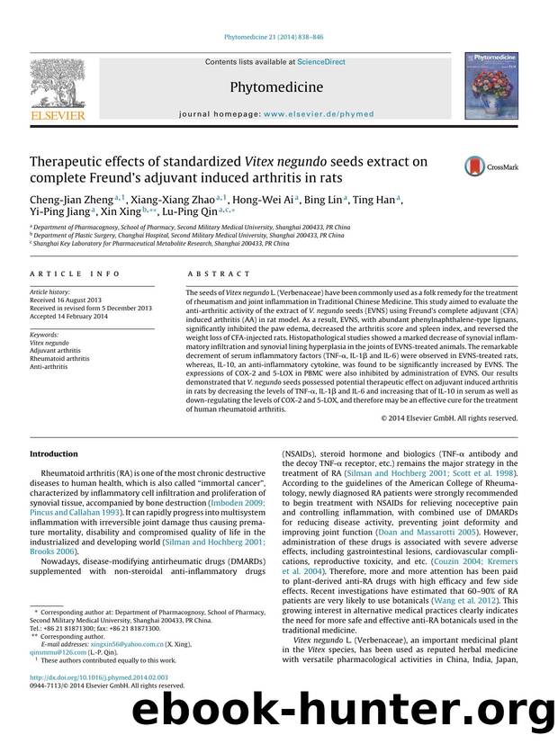 Therapeutic effects of standardized Vitex negundo seeds extract on complete Freund's adjuvant induced arthritis in rats by unknow