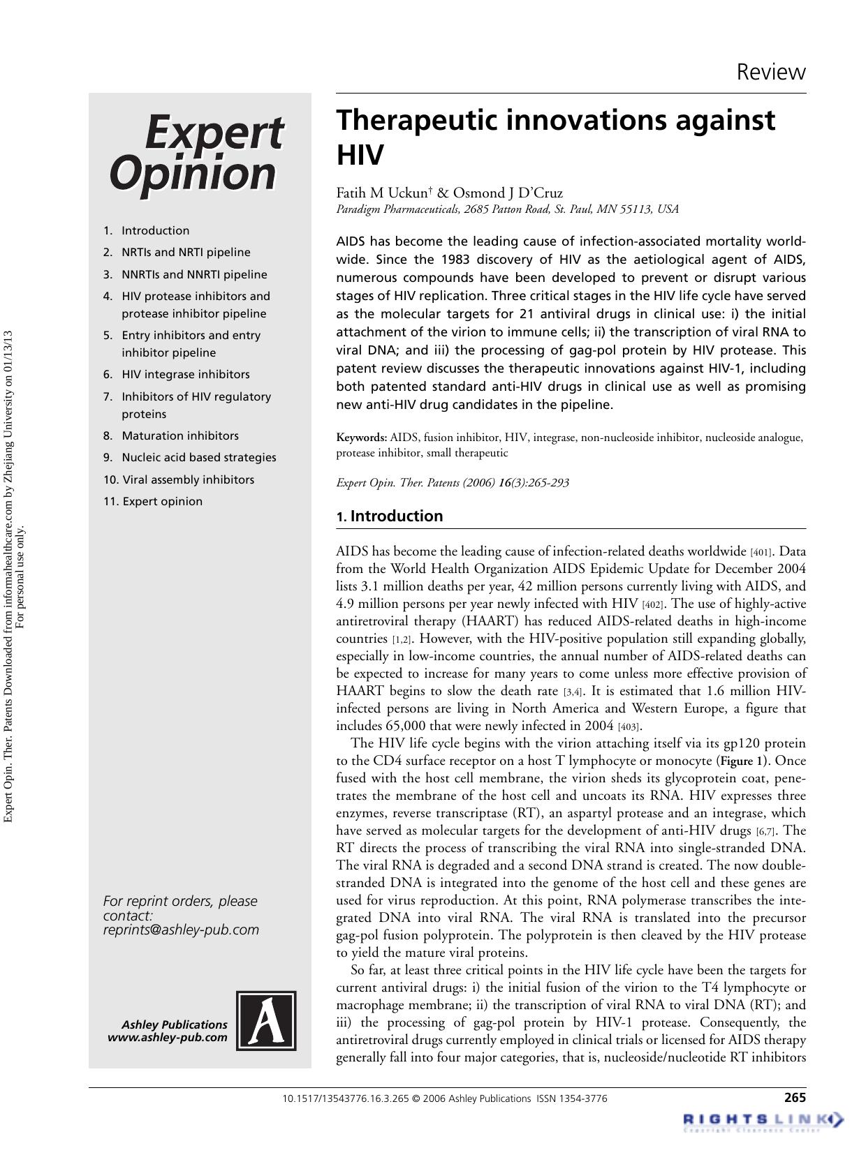 Therapeutic innovations against HIV by Fatih M Uckun & Osmond J D’Cruz
