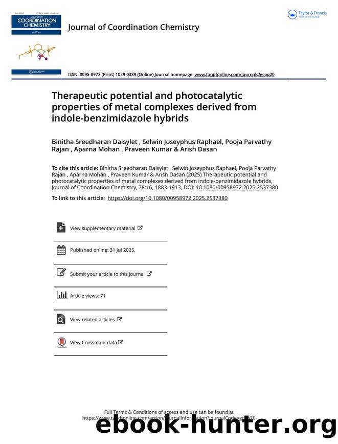 Therapeutic potential and photocatalytic properties of metal complexes derived from indole-benzimidazole hybrids by unknow