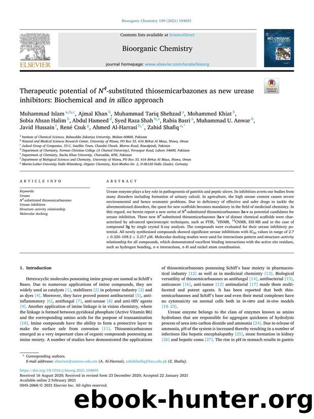 Therapeutic potential of N4 -substituted thiosemicarbazones as new urease inhibitors: Biochemical and in silico approach by unknow