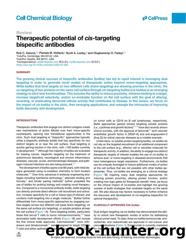 Therapeutic potential of cis-targeting bispecific antibodies by Rob C. Oslund & Pamela M. Holland & Scott A. Lesley & Olugbeminiyi O. Fadeyi