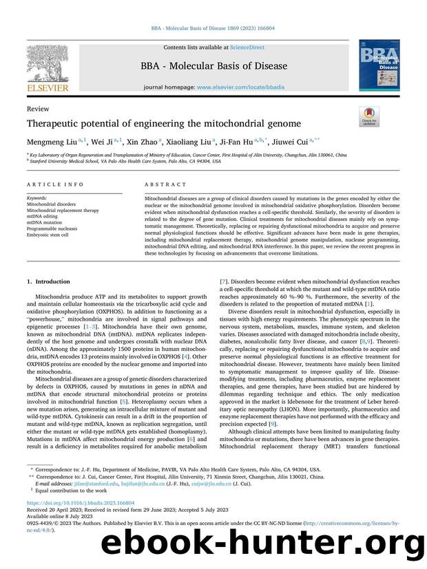 Therapeutic potential of engineering the mitochondrial genome by Mengmeng Liu & Wei Ji & Xin Zhao & Xiaoliang Liu & Ji-Fan Hu & Jiuwei Cui