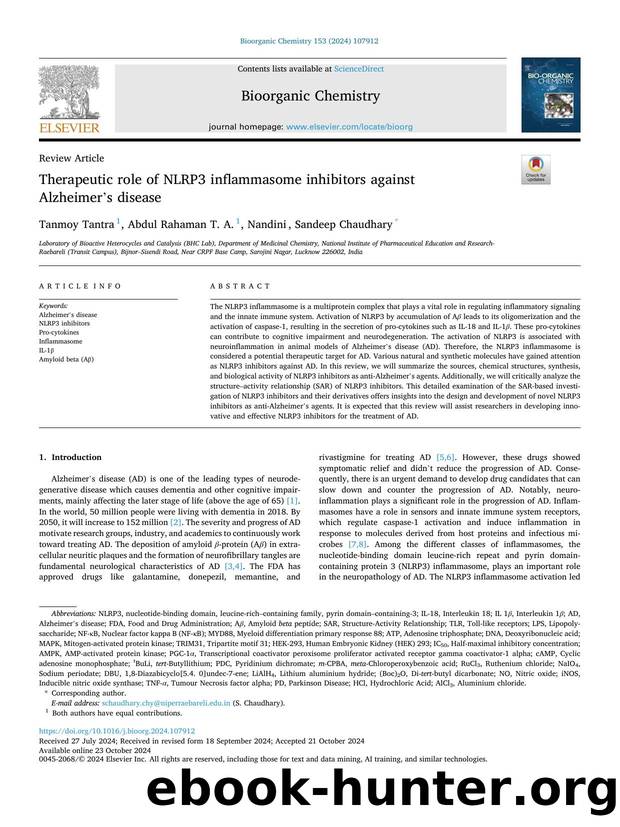 Therapeutic role of NLRP3 inflammasome inhibitors against Alzheimerâs disease by Tanmoy Tantra & Abdul Rahaman T. A. & Nandini & Sandeep Chaudhary