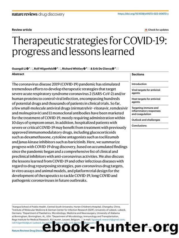 Therapeutic strategies for COVID-19: progress and lessons learned by Guangdi Li & Rolf Hilgenfeld & Richard Whitley & Erik De Clercq