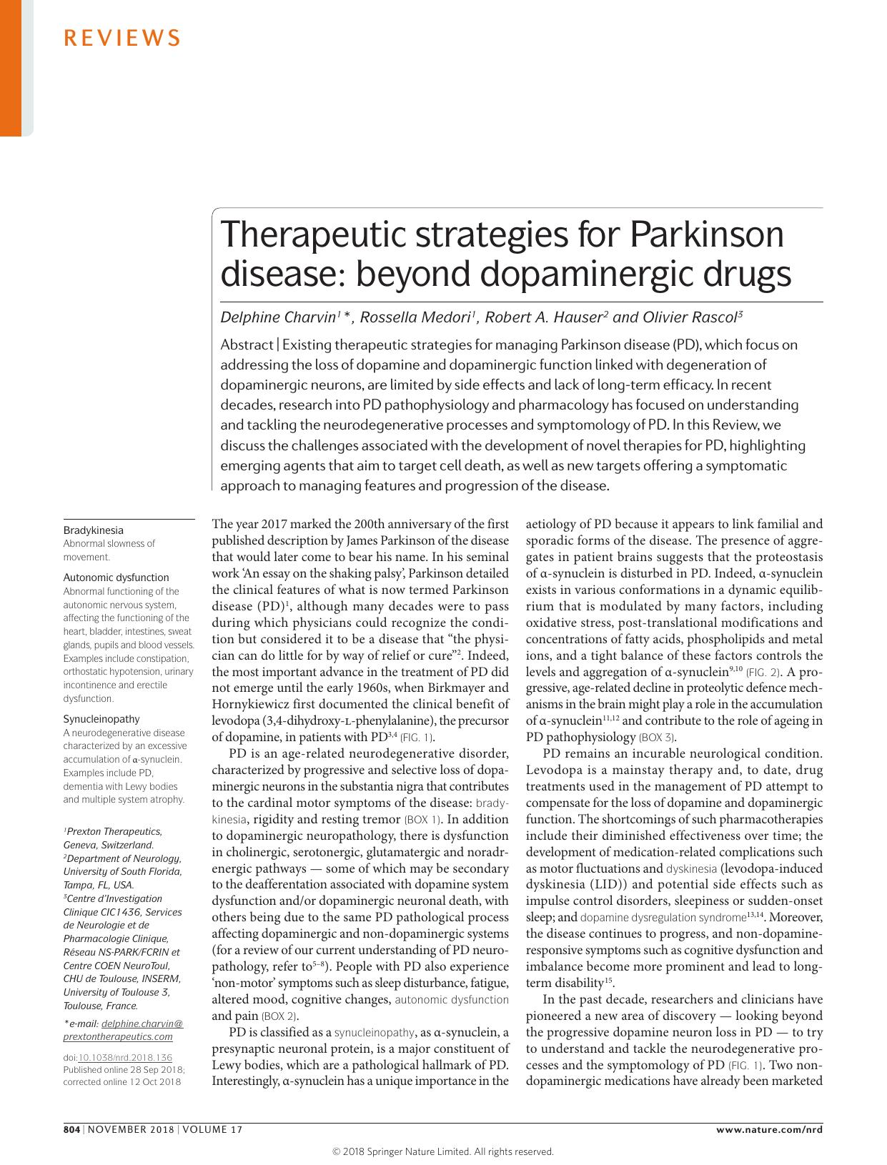 Therapeutic strategies for Parkinson disease: beyond dopaminergic drugs by Delphine Charvin & Rossella Medori & Robert A. Hauser & Olivier Rascol