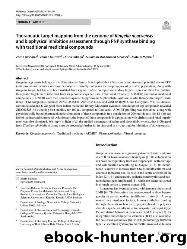 Therapeutic target mapping from the genome of Kingella negevensis and biophysical inhibition assessment through PNP synthase binding with traditional medicinal compounds by Zarrin Basharat & Zainab Murtaza & Aisha Siddiqa & Sulaiman Mohammed Alnasser & Alotaibi Meshal