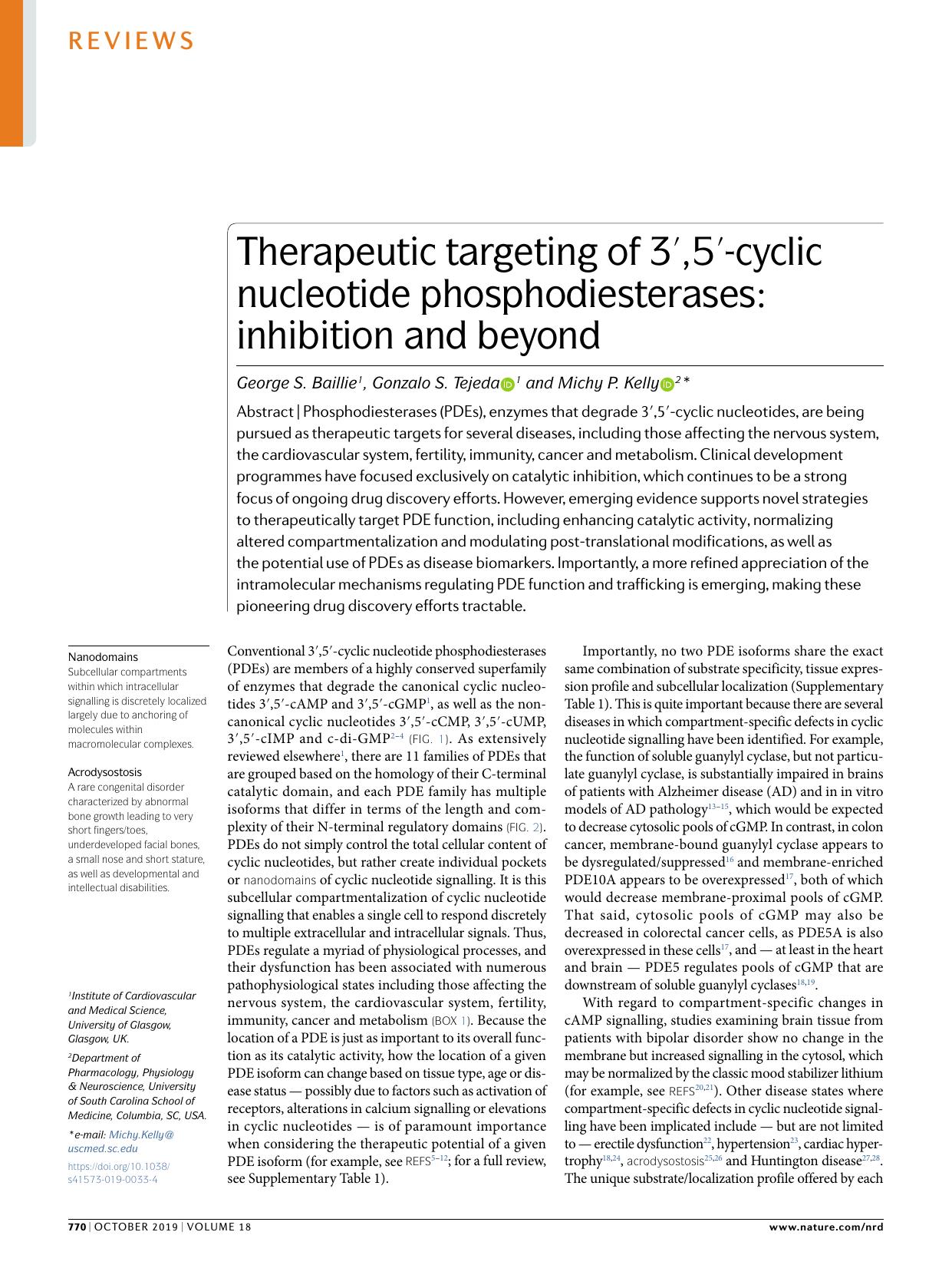 Therapeutic targeting of 3â²,5â²-cyclic nucleotide phosphodiesterases: inhibition and beyond by George S. Baillie & Gonzalo S. Tejeda & Michy P. Kelly