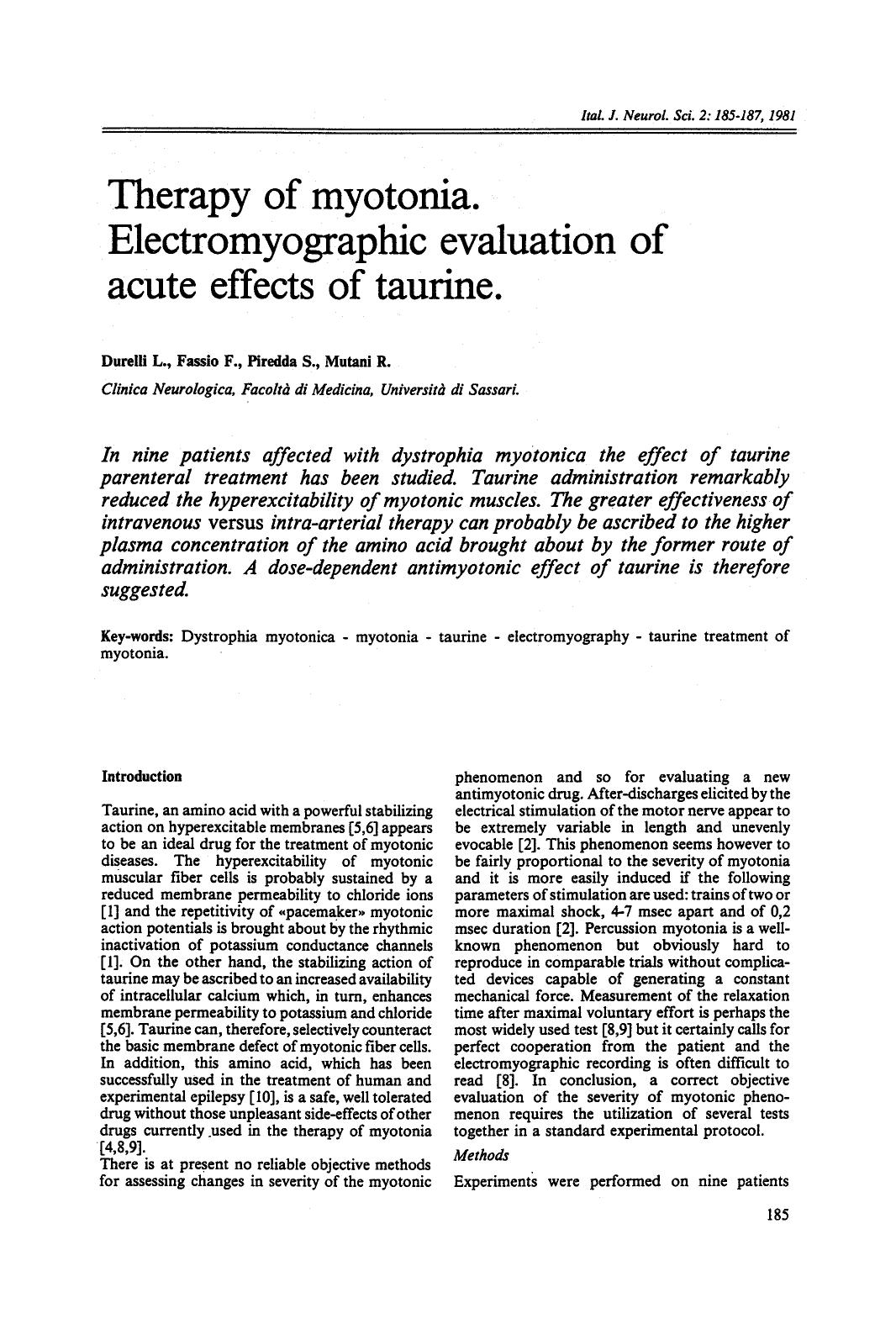 Therapy of myotonia. Electromyographic evaluation of acute effects of taurine by Unknown