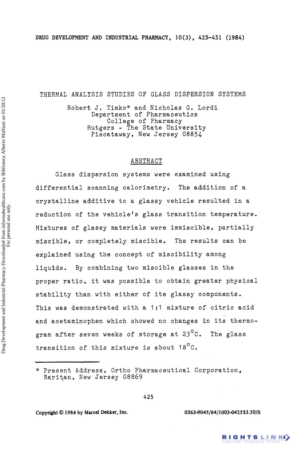 Thermal Analysis Studies of Glass Dispersion Systems by Robert J. Timko & Nicholas G. Lordi