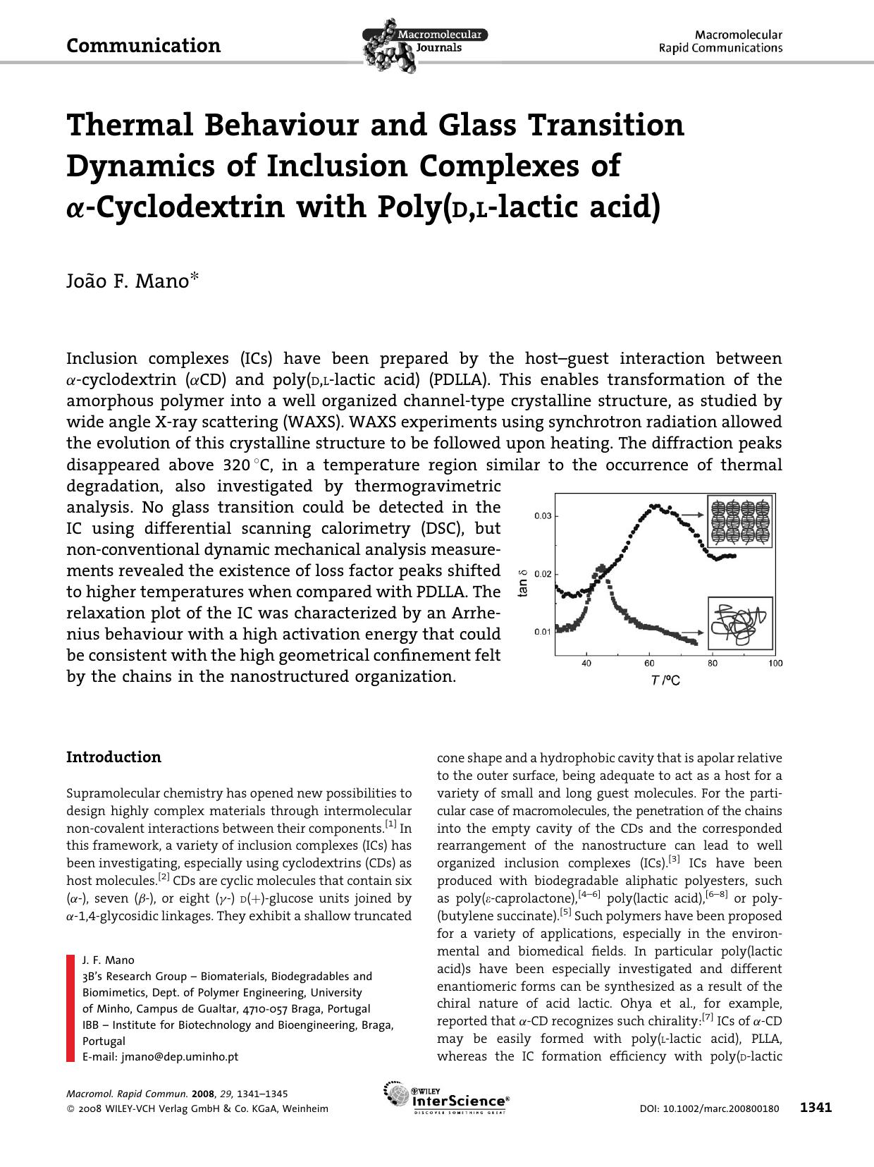 Thermal Behaviour and Glass Transition Dynamics of Inclusion Complexes of [alpha]-Cyclodextrin with Poly(D,L-lactic acid) by Unknown