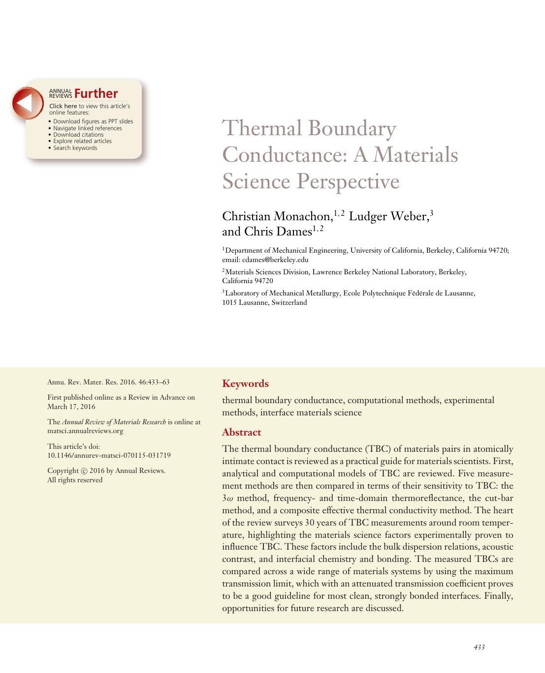 Thermal Boundary Conductance: A Materials Science Perspective by Christian Monachon Ludger Weber Chris Dames