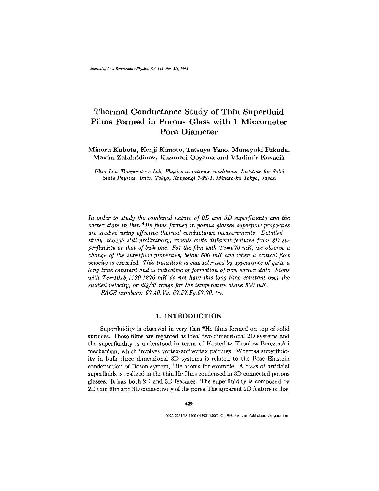 Thermal Conductance Study of Thin Superfluid Films Formed in Porous Glass With 1 Micrometer Pore Diameter by Unknown