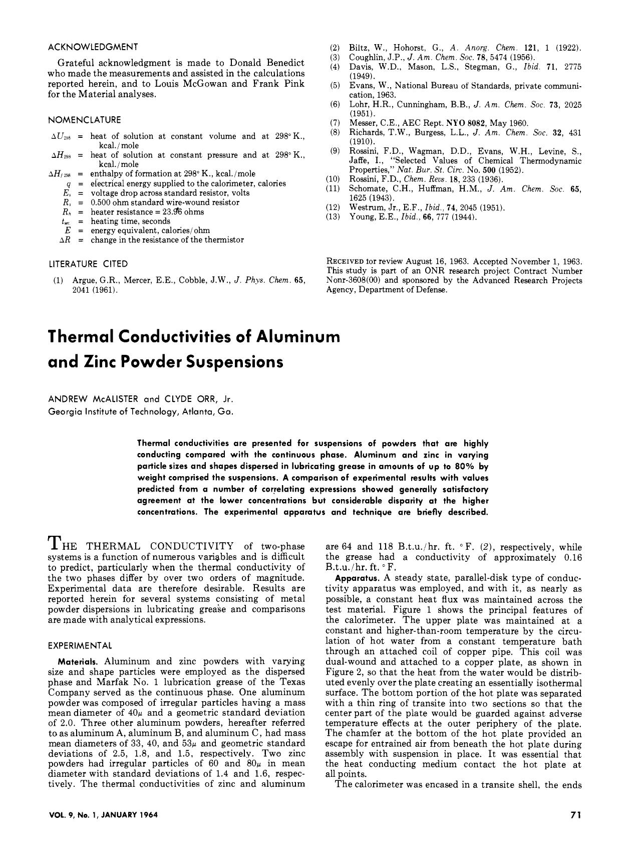 Thermal Conductivities of Aluminum and Zinc Powder Suspensions. by Andrew. McAlister Clyde. Orr