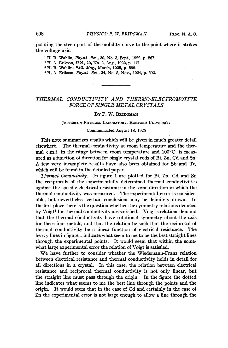 Thermal Conductivity and Thermo-Electromotive Force of Single Metal Crystals by Percy Williams Bridgman