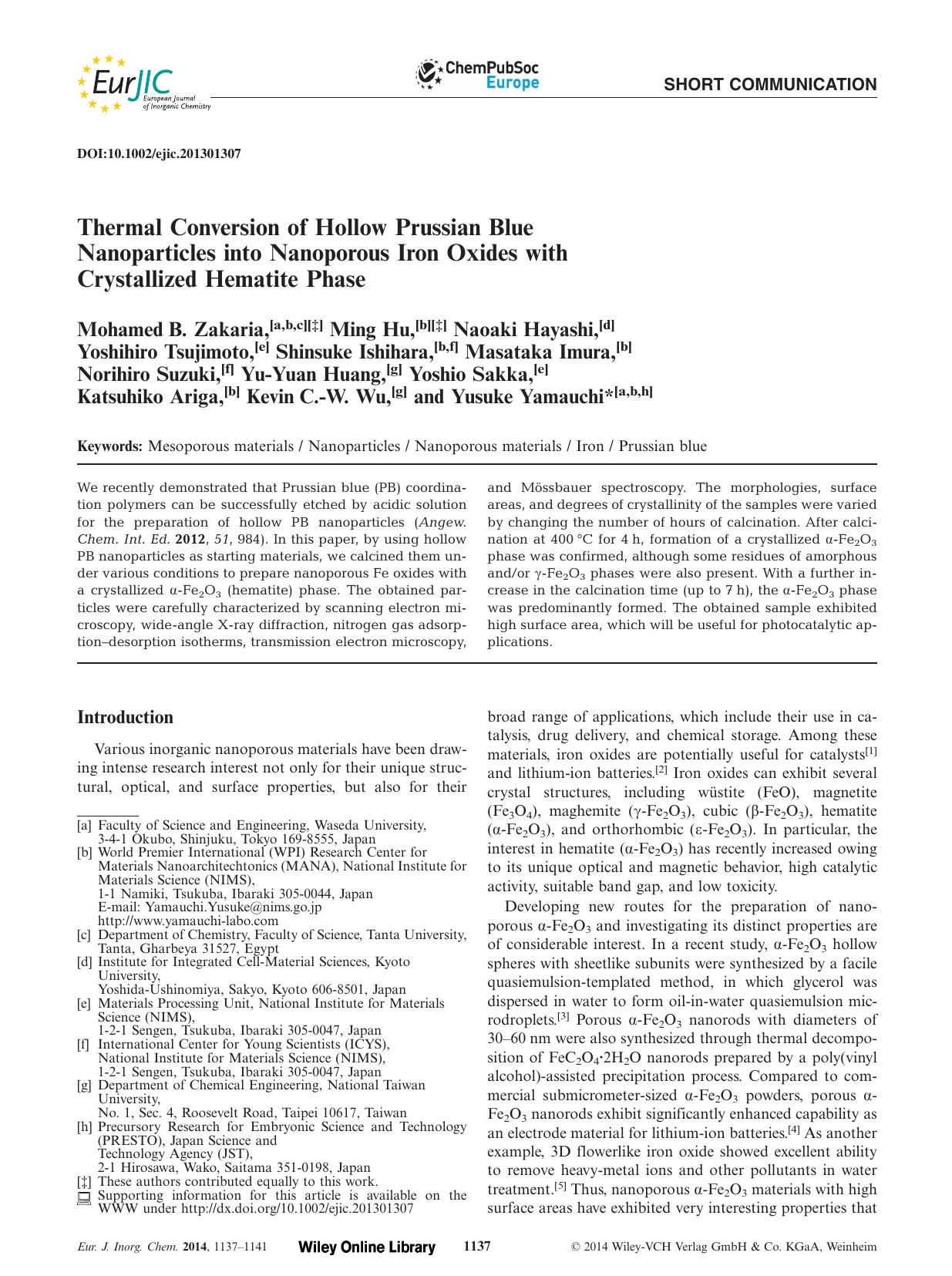 Thermal Conversion of Hollow Prussian Blue Nanoparticles into Nanoporous Iron Oxides with Crystallized Hematite Phase by Unknown