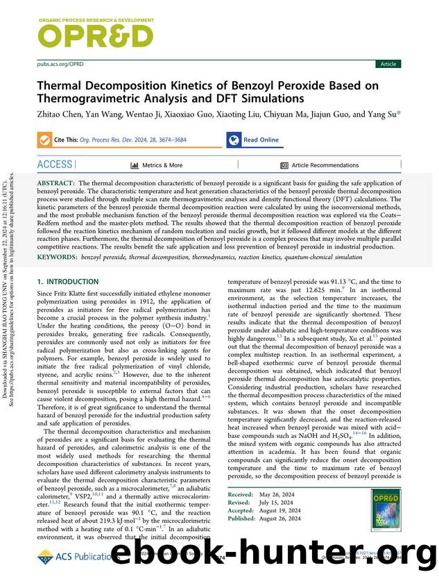 Thermal Decomposition Kinetics of Benzoyl Peroxide Based on Thermogravimetric Analysis and DFT Simulations by Zhitao Chen Yan Wang Wentao Ji Xiaoxiao Guo Xiaoting Liu Chiyuan Ma Jiajun Guo & Yang Su