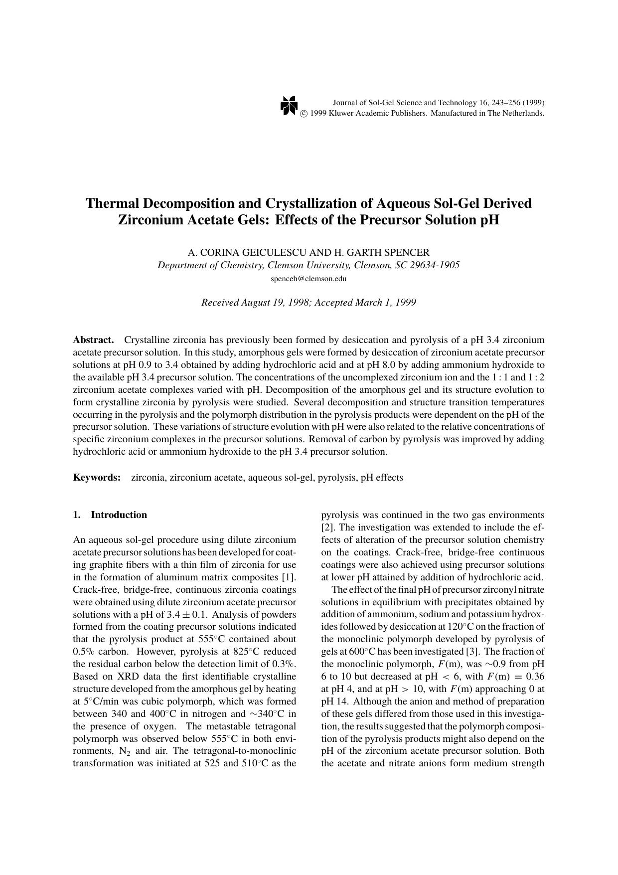 Thermal Decomposition and Crystallization of Aqueous Sol-Gel Derived Zirconium Acetate Gels: Effects of the Precursor Solution pH by Unknown